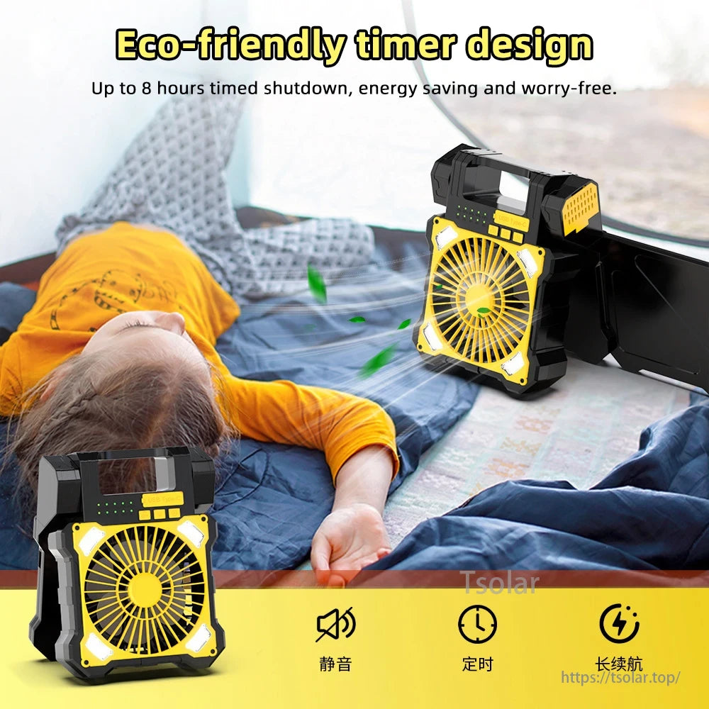 Portable Solar Panel Camping Fan, Solar camping fan: eco-friendly timer, silent operation, long battery life.