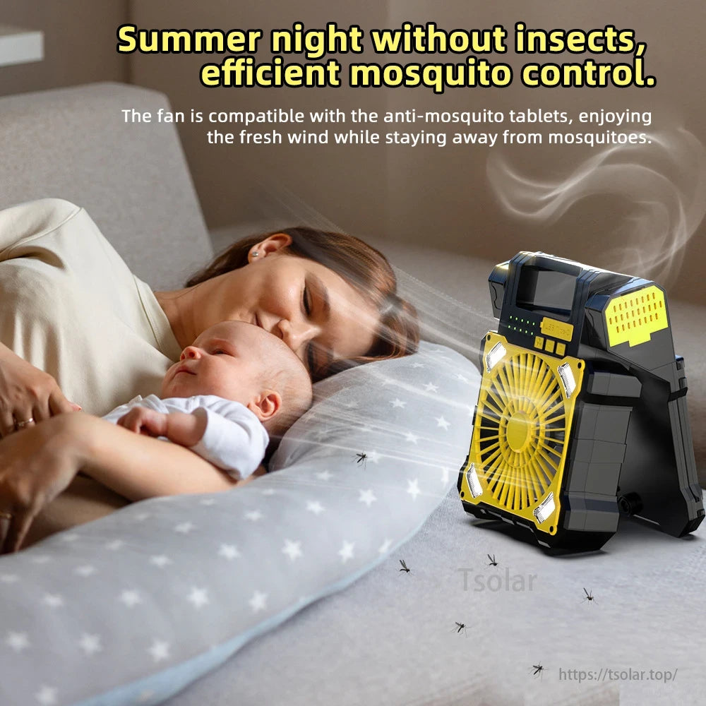 Portable Solar Panel Camping Fan, Fan with mosquito repellent ensures cool, bug-free nights.