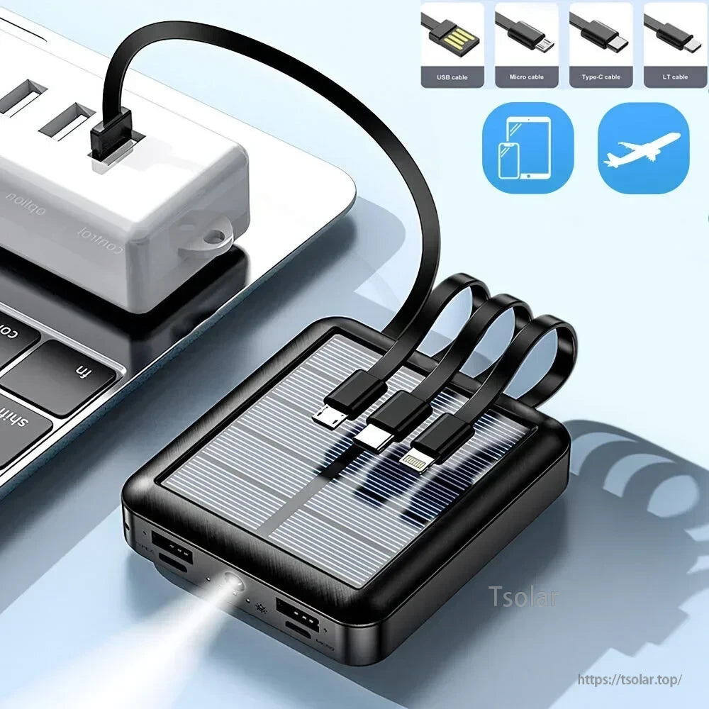 Portable Solar Power Bank, Solar power bank with multiple cables, flashlight, and dual USB ports for charging devices outdoors.