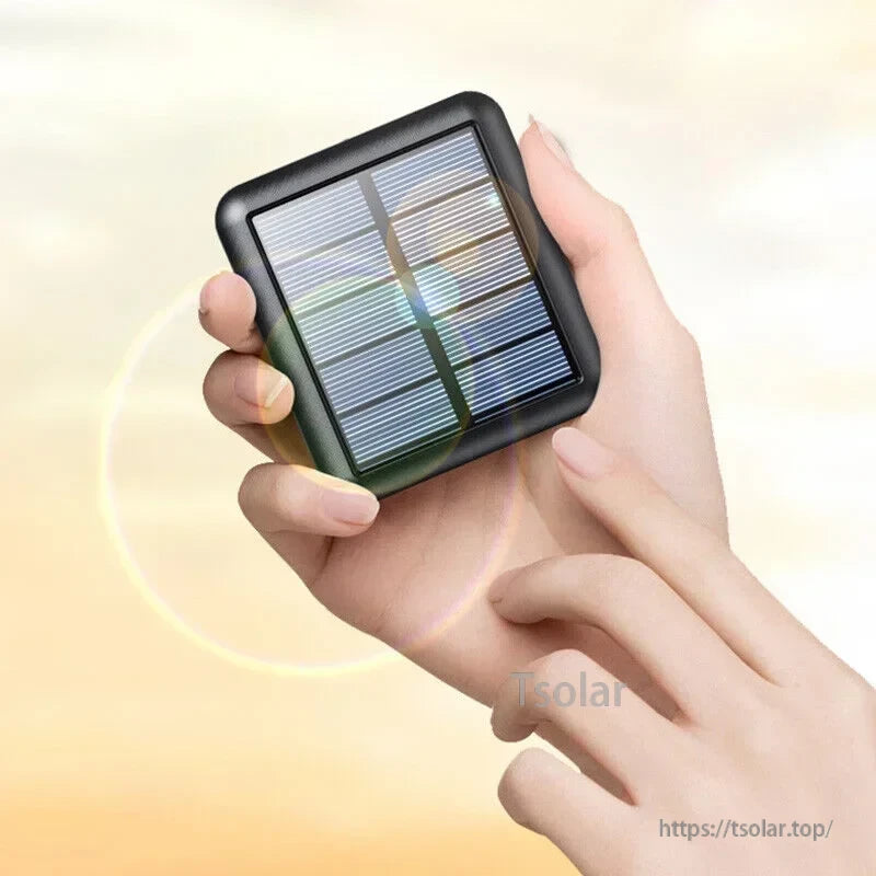 Portable Solar Power Bank, Portable power bank with polymer lithium battery, multiple input/output interfaces, and features like solar charging and LED flashlight.