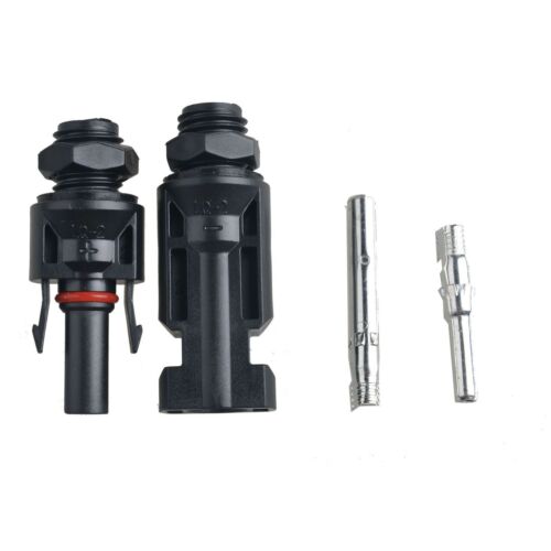 Solar deck panel junction connector kit with black waterproof cable gland housing, O-ring, and metal pins
