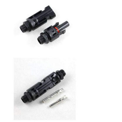 Solar Deck Panel Junction Connector, Black solar panel junction connector set with threaded ends, red sealing ring, and two metal crimp contact pins