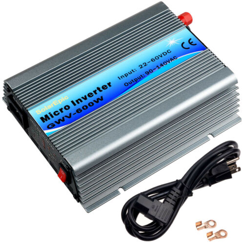 600W Grid Tie Inverter, 600W grid tie micro inverter in finned aluminum case with power cord; label shows 22–60VDC input and 80–140VAC output