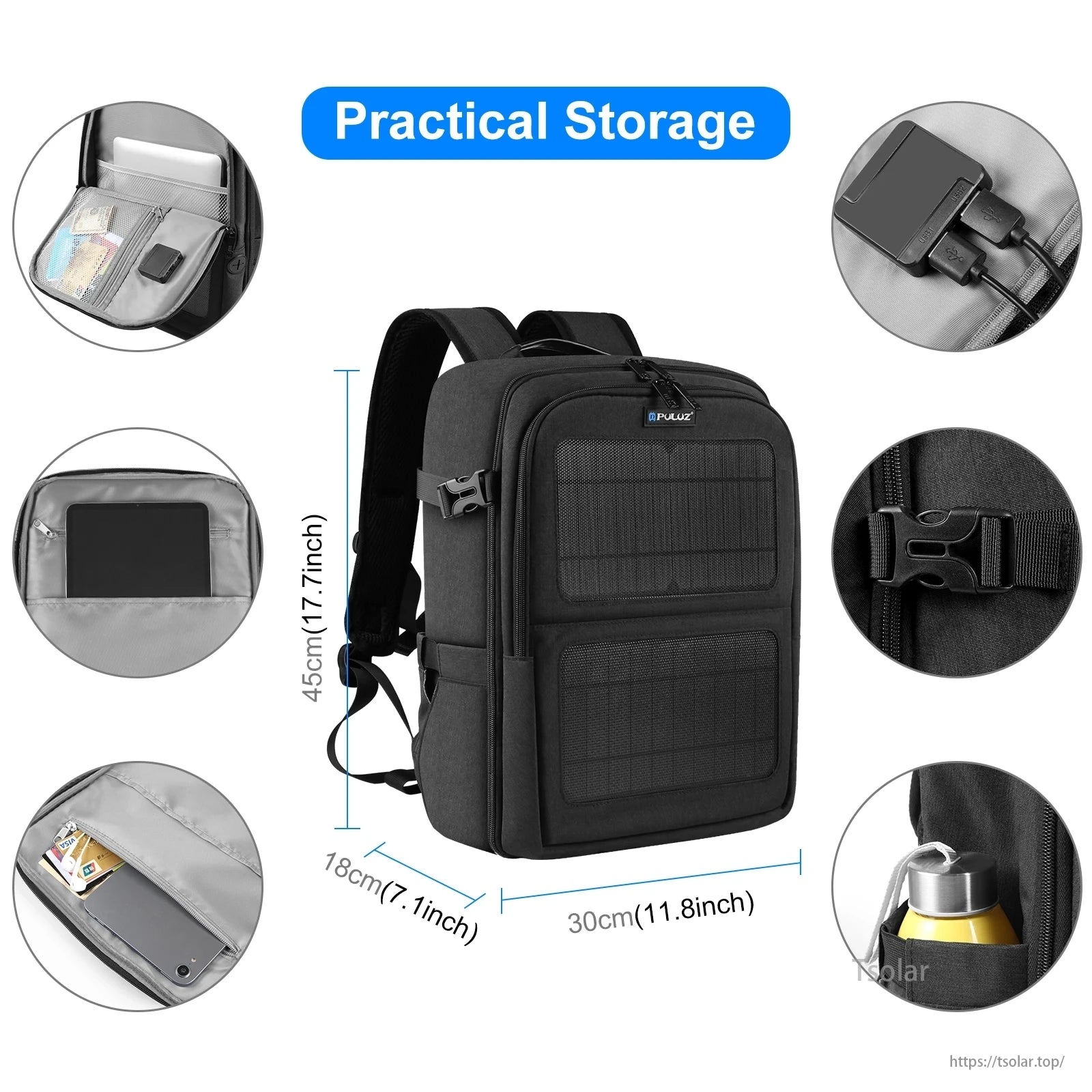 Solar Camera Backpack with USB charging, secure straps, and compartments for devices, offers practical storage (45x30x18cm).