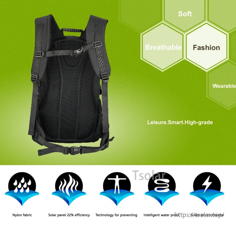 Solar hiking backpack features soft, breathable, fashionable, wearable, leisure, smart, and high-grade qualities for an enhanced outdoor experience.