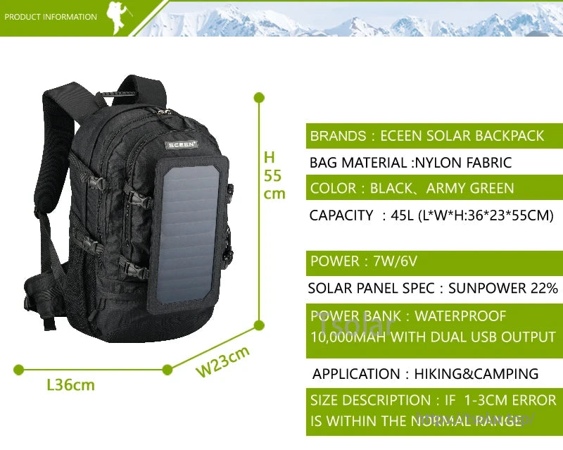 Solar Hiking Backpack, Eceen Solar Backpack, 45L, 7W/6V, SunPower 22% panel, 10,000mAh power bank, waterproof, dual USB. Perfect for hiking/camping. Dimensions: L36cm x W23cm x H55cm.