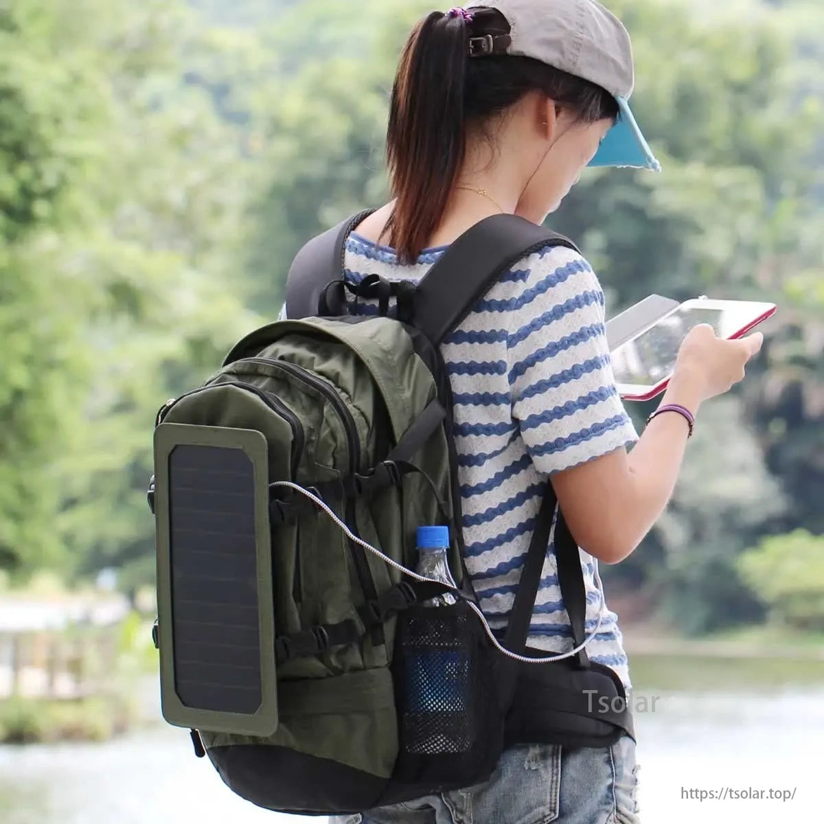 Solar Hiking Backpack, Hiking backpack with removable solar charger panel and waterproof design for outdoor travel