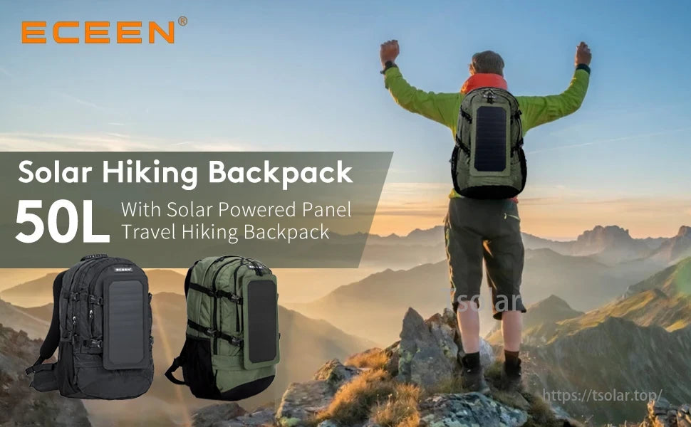 ECEEN Solar Hiking Backpack, 50L, with solar panel for travel and hiking.