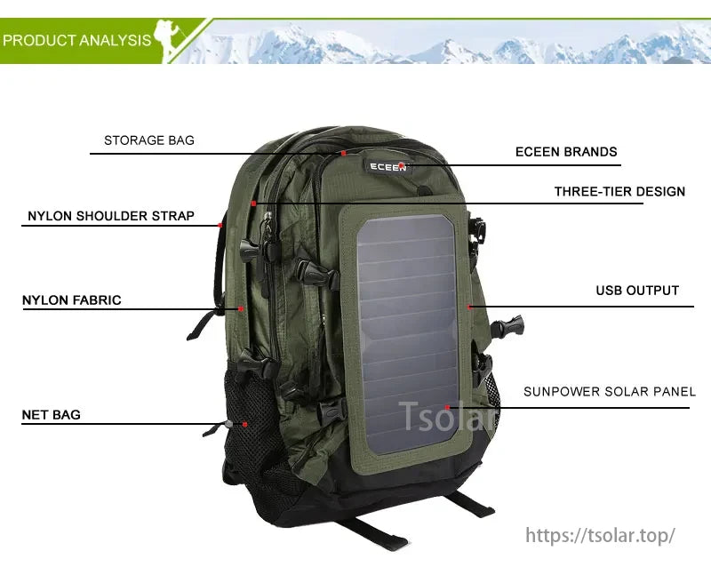 Solar Hiking Backpack, Eceen Brands' product features nylon fabric, shoulder strap, storage bag, net bag, SunPower solar panel, USB output, and a three-tier design.