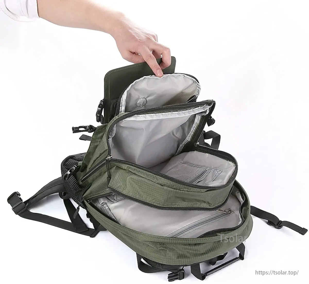Stay powered on-the-go with this 50L Solar Hiking Backpack featuring a detachable solar panel and organized compartments.