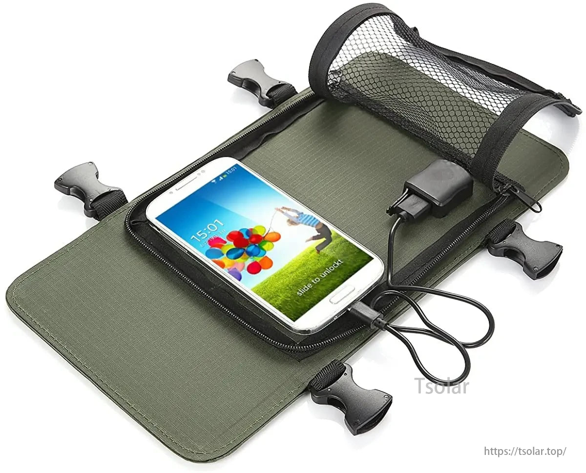 Solar Hiking Backpack, Convenient clips simplify securing solar panels to a backpack.