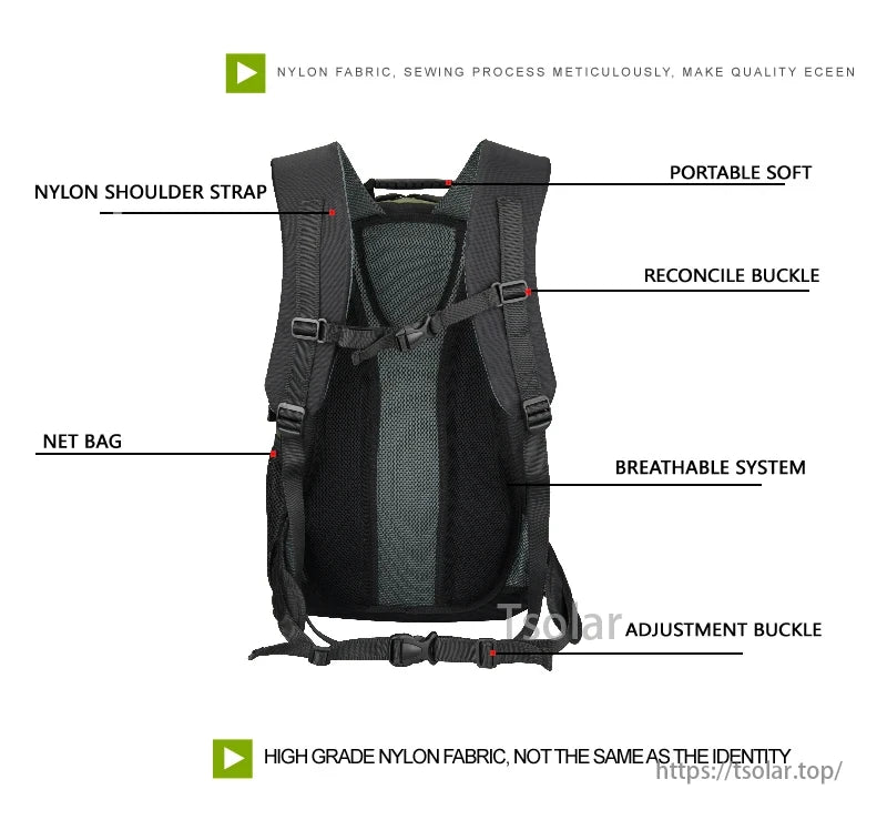 Solar Hiking Backpack, Nylon shoulder straps, soft design, breathable system, adjustable buckle, net bag. High-quality nylon, perfect for hiking.
