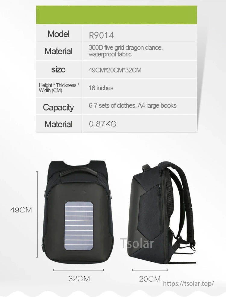 Solar Laptop Backpack 16: R9014, 300D fabric, 49x20x32 cm, holds clothes/A4 books, 0.87 kg, with solar panel.