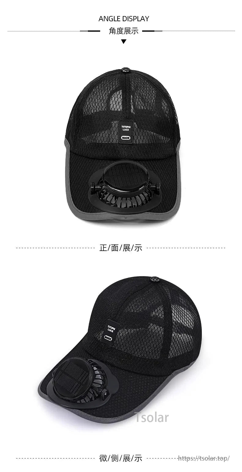 Solar mesh baseball cap with built-in fan.