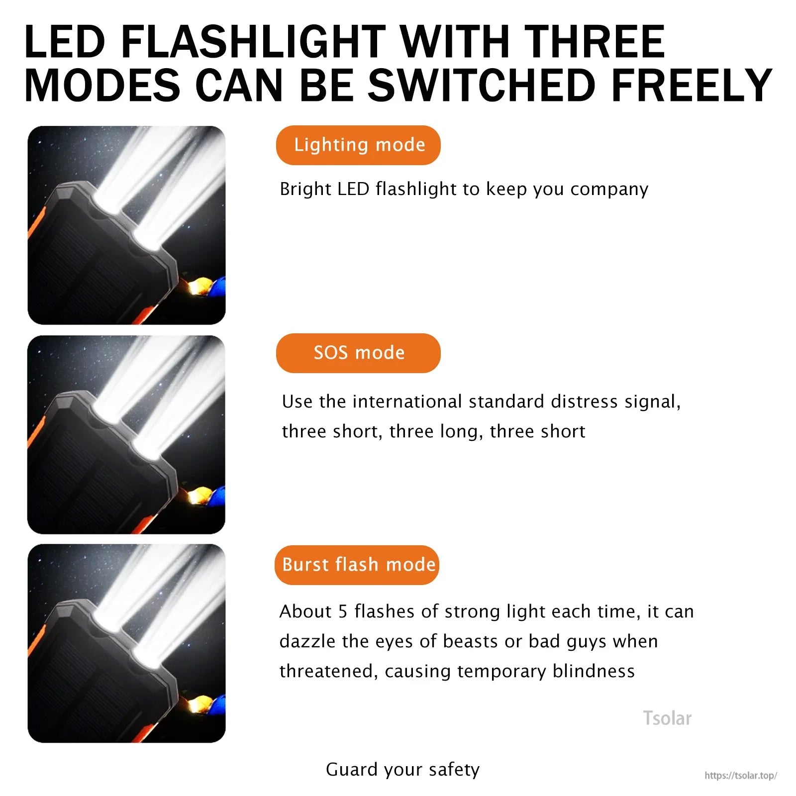 Solar Power Bank, LED flashlight with lighting, SOS, and burst flash modes. Provides bright light, distress signal, and safety blindness effect.
