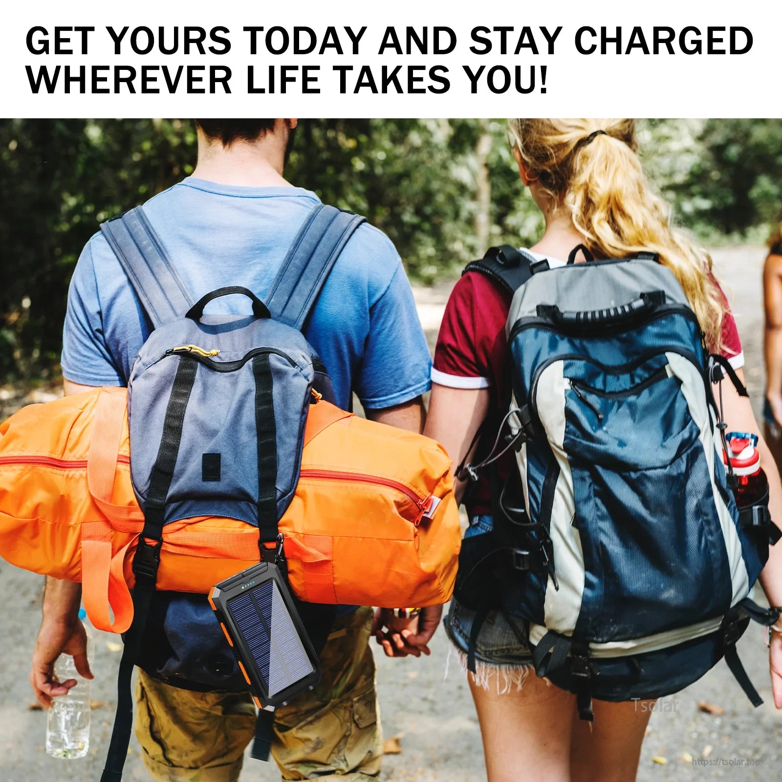Get yours today and stay charged wherever life takes you! Solar power bank attached to backpack.