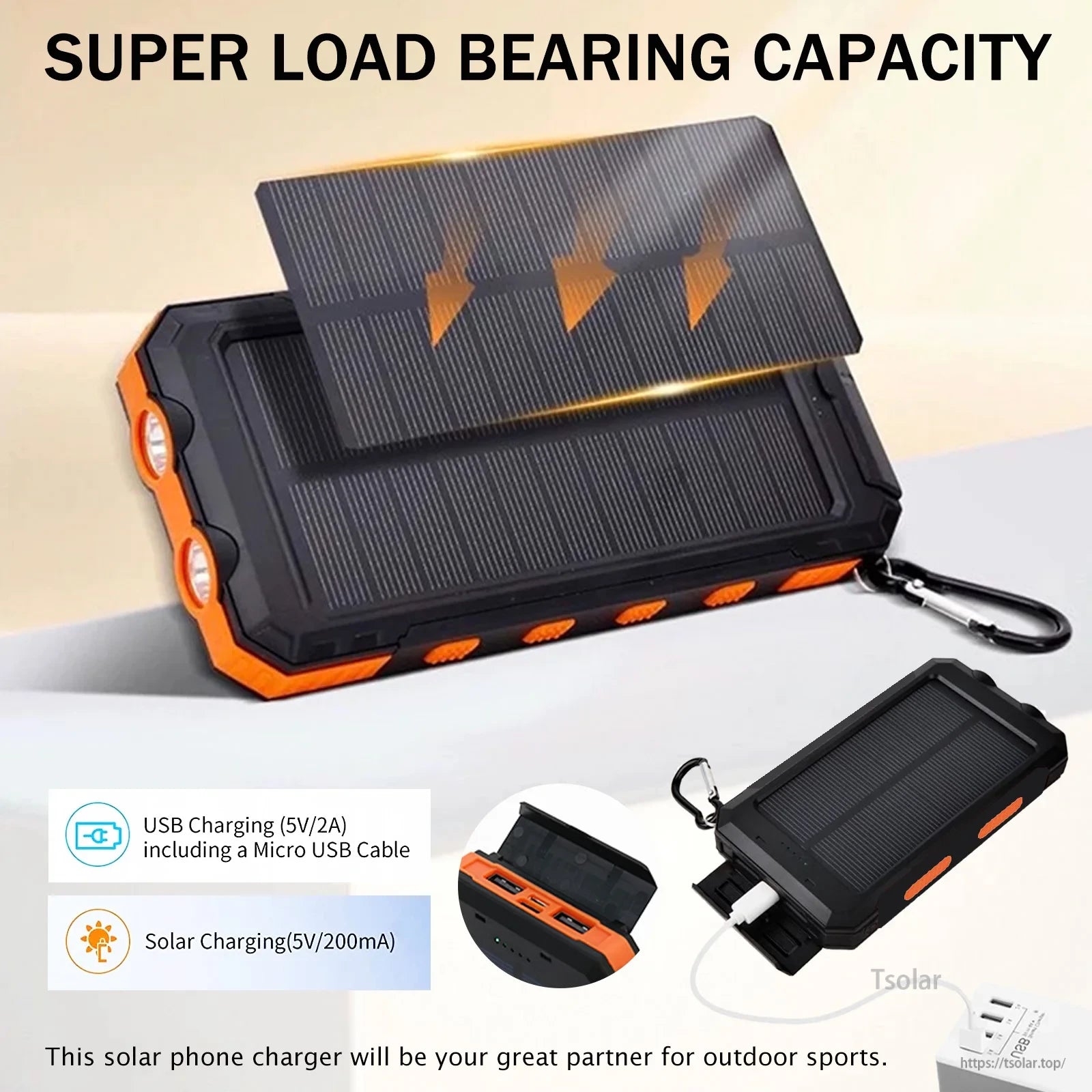 Solar power bank with USB and solar charging, ideal for outdoor sports.