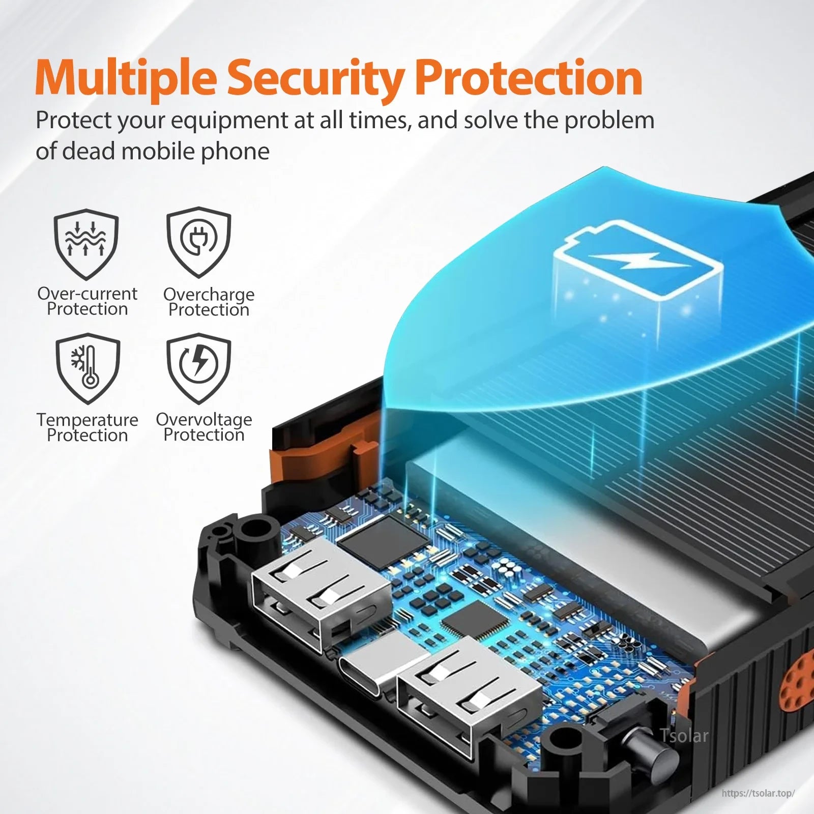 Solar Power Bank, Multiple Security Protection: Over-current, Overcharge, Temperature, Overvoltage Protection