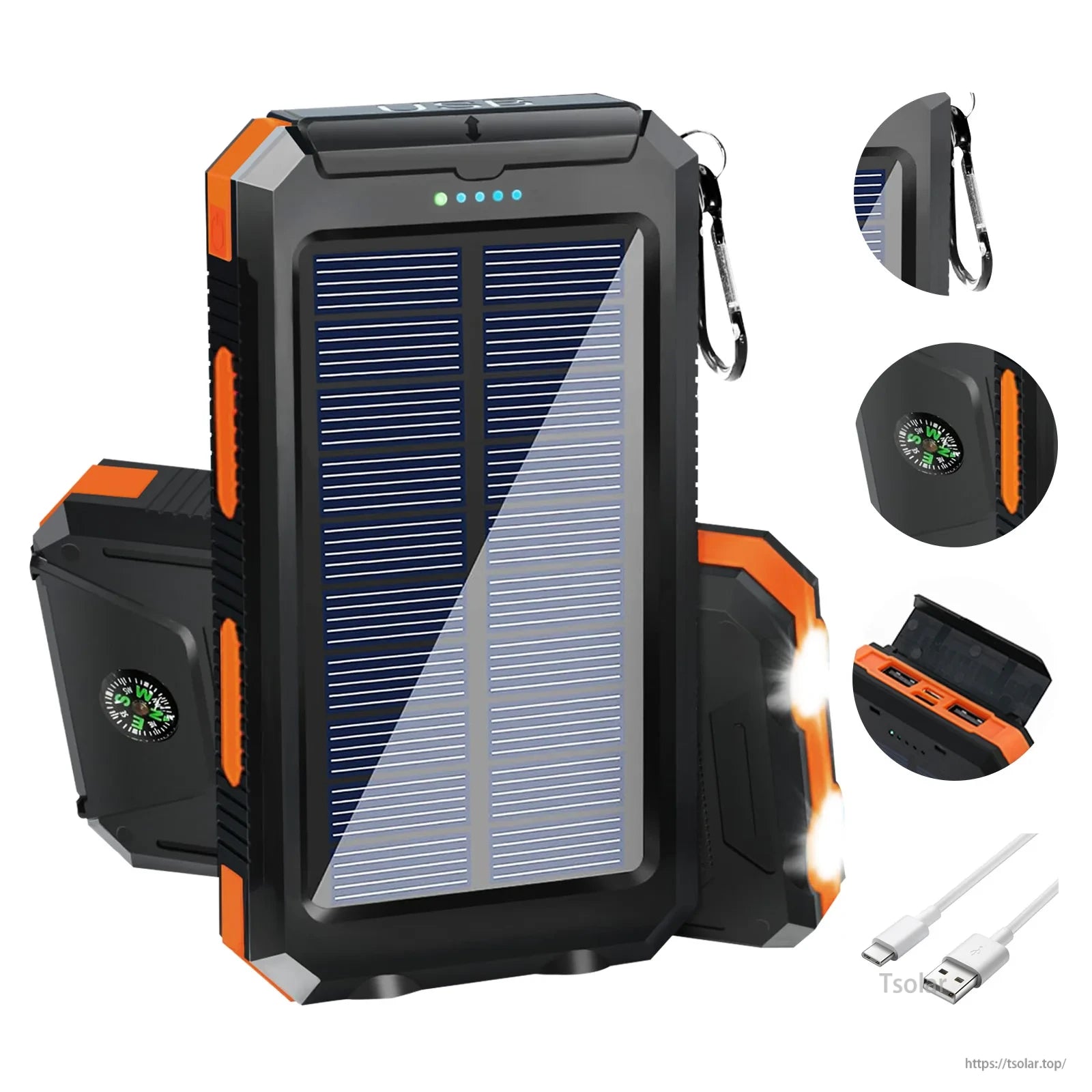 Solar Power Bank, Electronics with multi-protection features including over-current, charge, discharge, voltage, temperature, and other safeguards against damage.