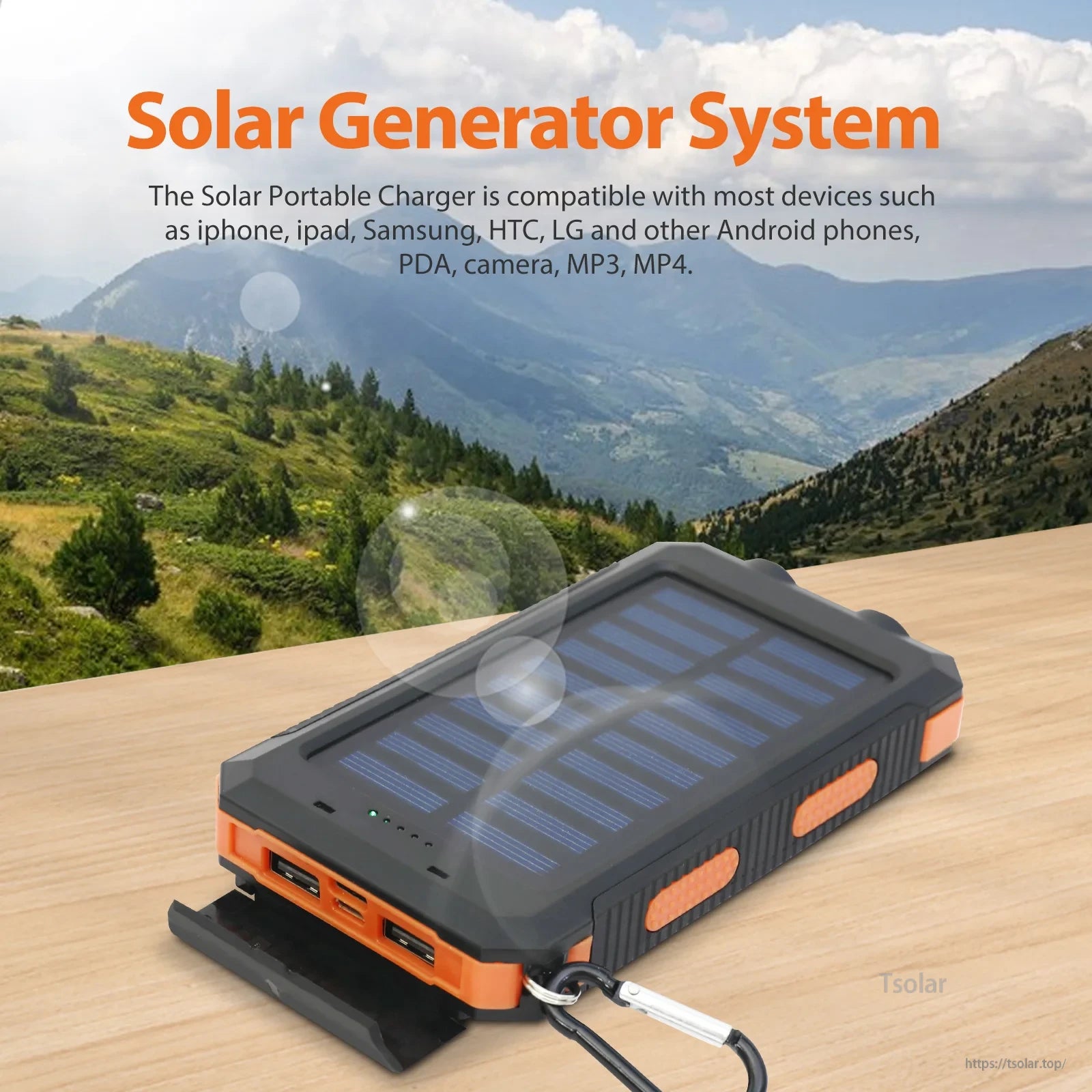 Solar Power Bank, Portable solar generator charges phones, tablets, cameras, MP3/MP4 players.