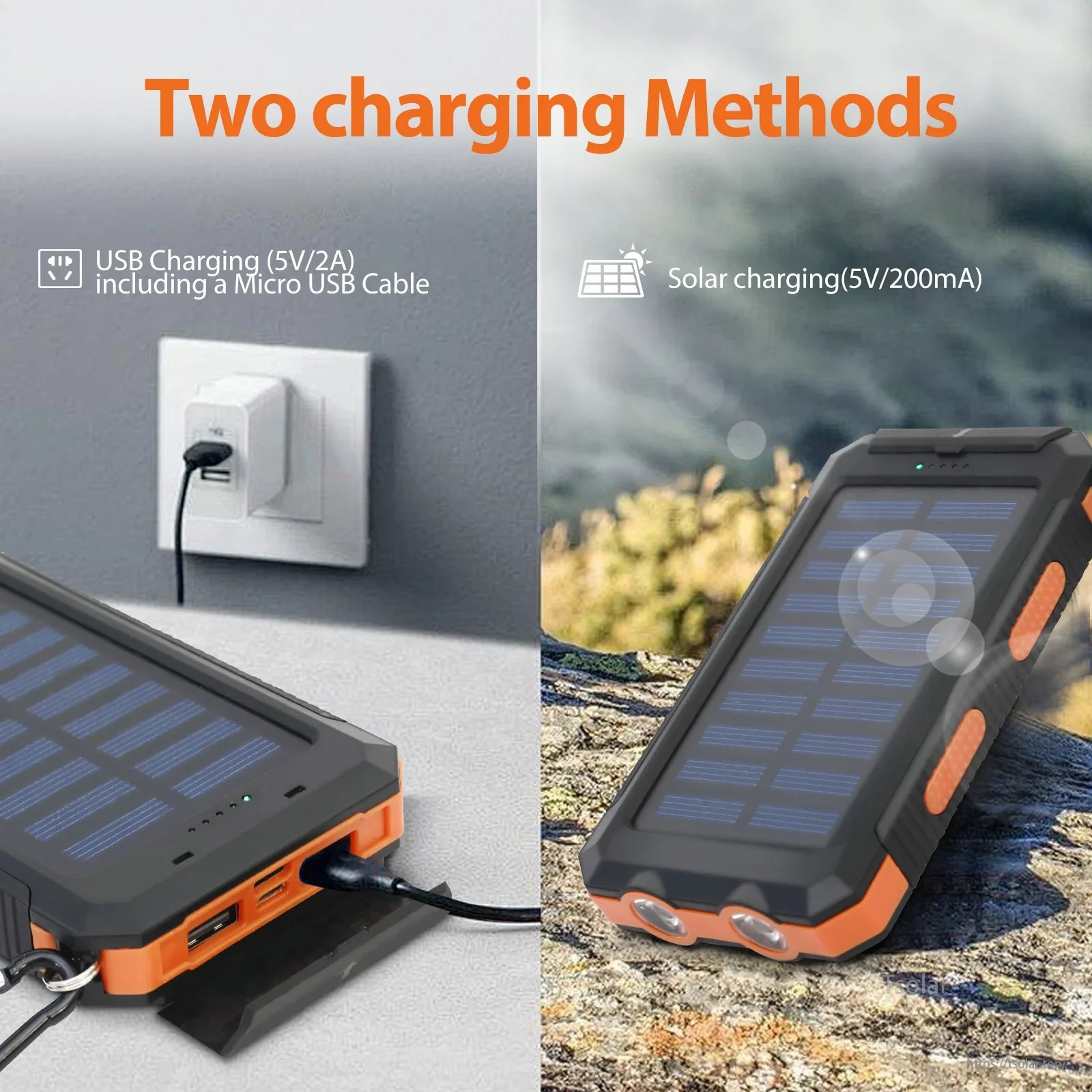 Solar power bank offers USB and solar charging, includes micro USB cable, ideal for outdoor use.