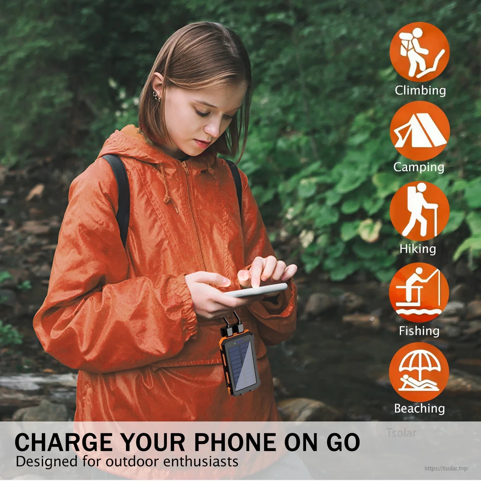 Solar Power Bank, Charge your phone on the go with this outdoor enthusiast-designed device, perfect for climbing, camping, hiking, fishing, and beaching.
