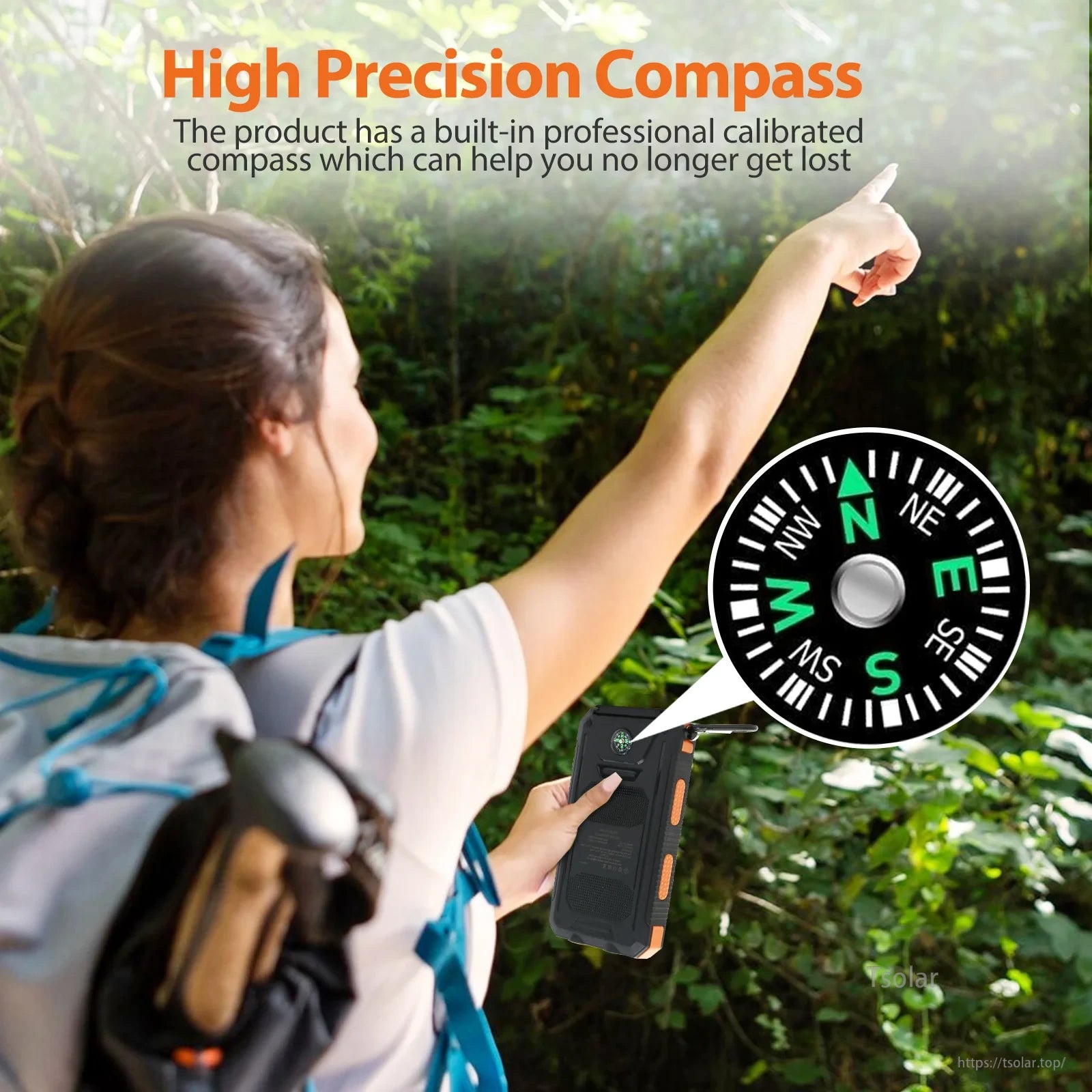 Solar Power Bank, High Precision Compass, Built-in Calibrated Compass for Navigation