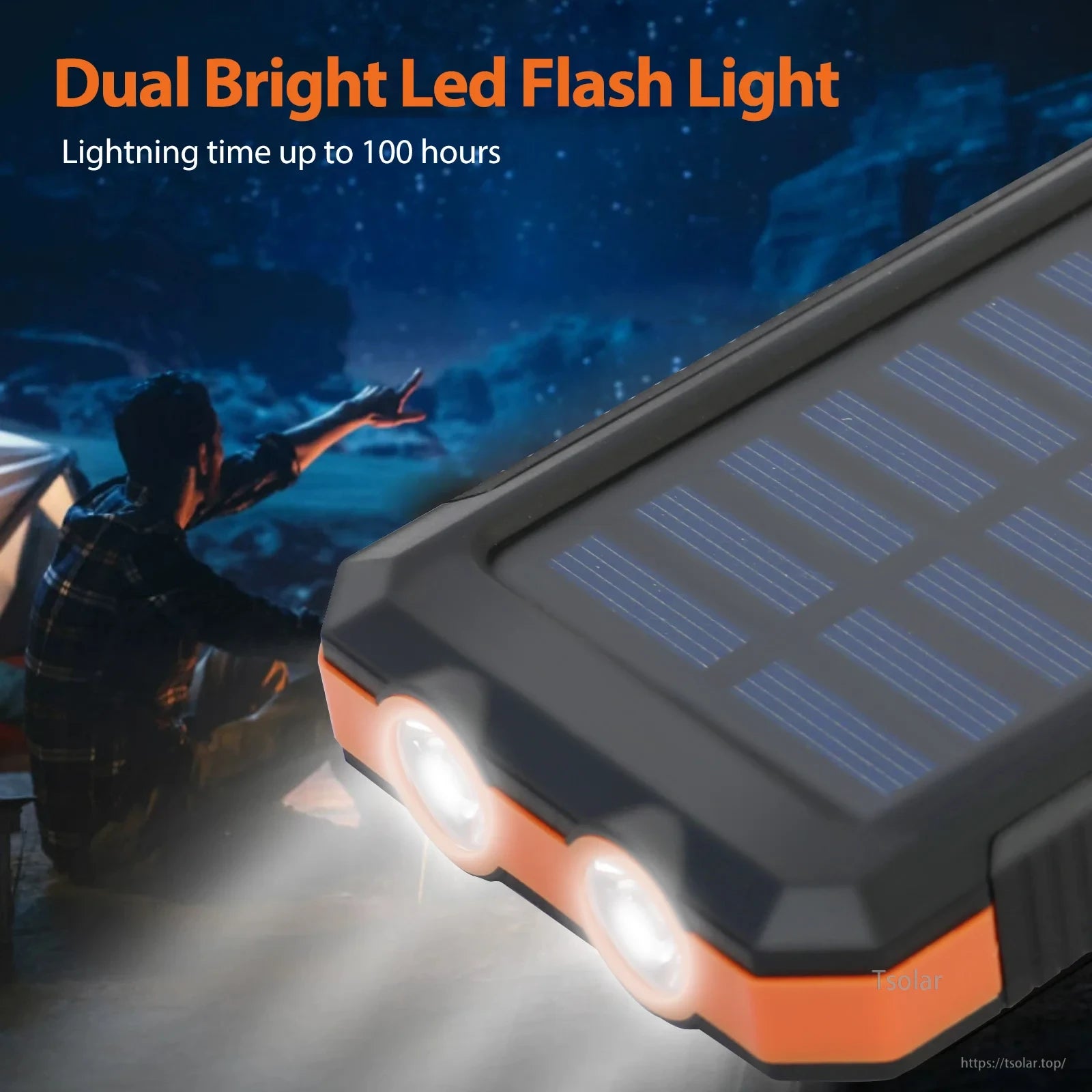 Solar Power Bank, Dual Bright LED Flash Light, 100-hour lighting time