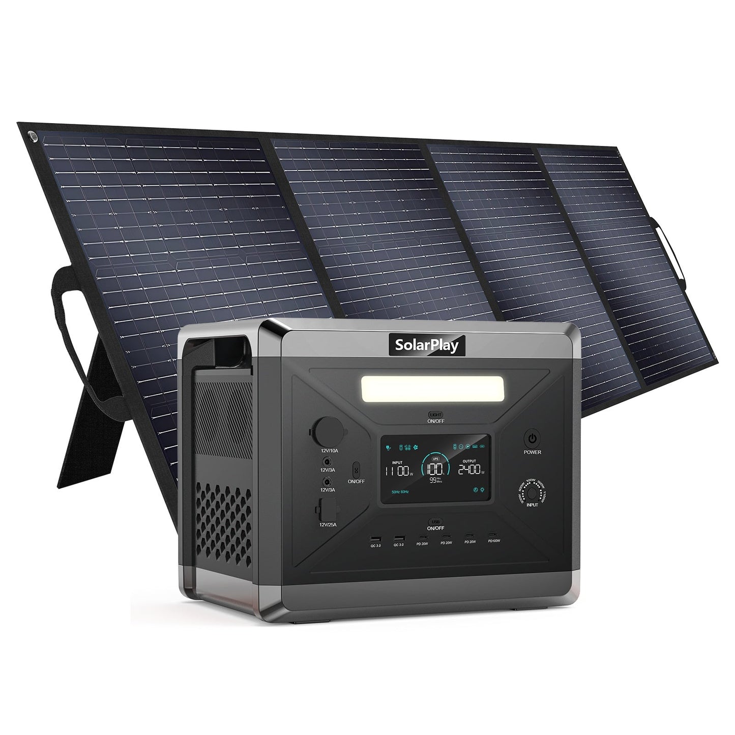SolarPlay Q2501 Portable Power Station, SolarPlay Q2501: 2160Wh LiFePO4 power station, 2400W output, 12 ports, dual charging, 0.02s UPS, includes 400W solar panel.