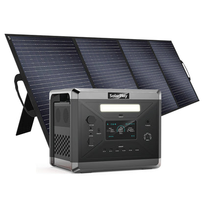 SolarPlay Q2501 Portable Power Station, SolarPlay Q2501: 2160Wh LiFePO4 power station, 2400W output, 12 ports, dual charging, 0.02s UPS, includes 400W solar panel.