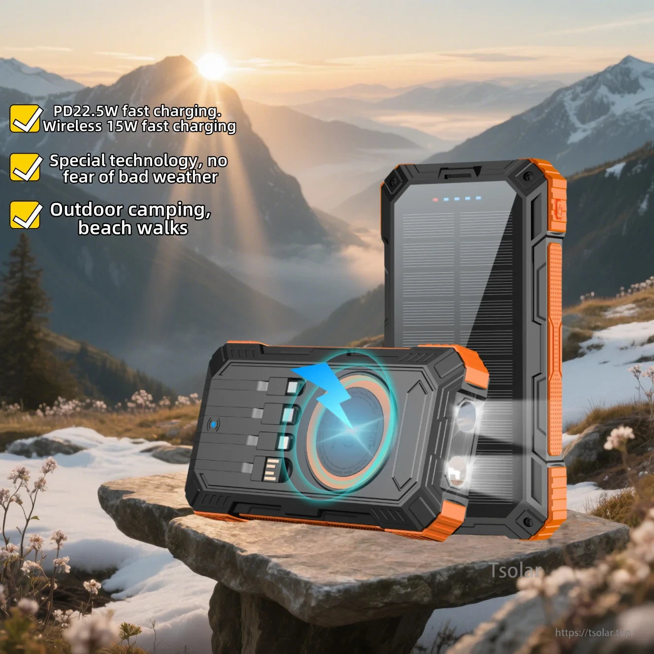 SOLUPUP 49800mAh Solar Power Bank, PD22.5W fast charging, 15W wireless, weatherproof, perfect for outdoor camping and beach activities.