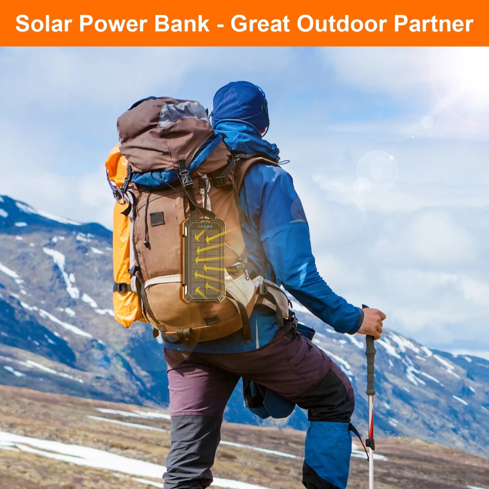 SOLUPUP 49800mAh Solar Power Bank, Dual LED flashlights feature battery level indicators and solar charging indicators.