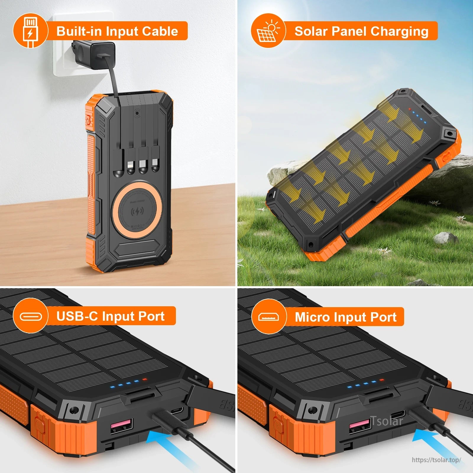 SOLUPUP 49800mAh Solar Power Bank, Solar Power Bank with Built-in Cable, USB-C, Micro Port and Solar Charging