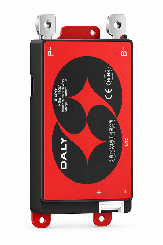 DALY red hardware BMS K-series representative board on white background; actual board varies with selected configuration