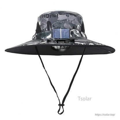 Unisex Solar Fan Sun Hat, Unisex solar fan hat with wide brim, dual fans, and USB rechargeable feature. Ideal for outdoor comfort.