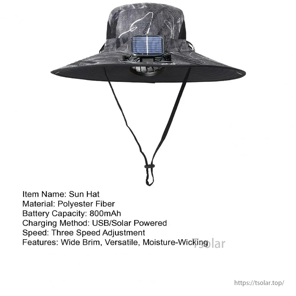 Unisex Solar Fan Sun Hat, Unisex solar fan hat, polyester, 800mAh battery, USB/solar charge, three-speed, wide brim, versatile, moisture-wicking.