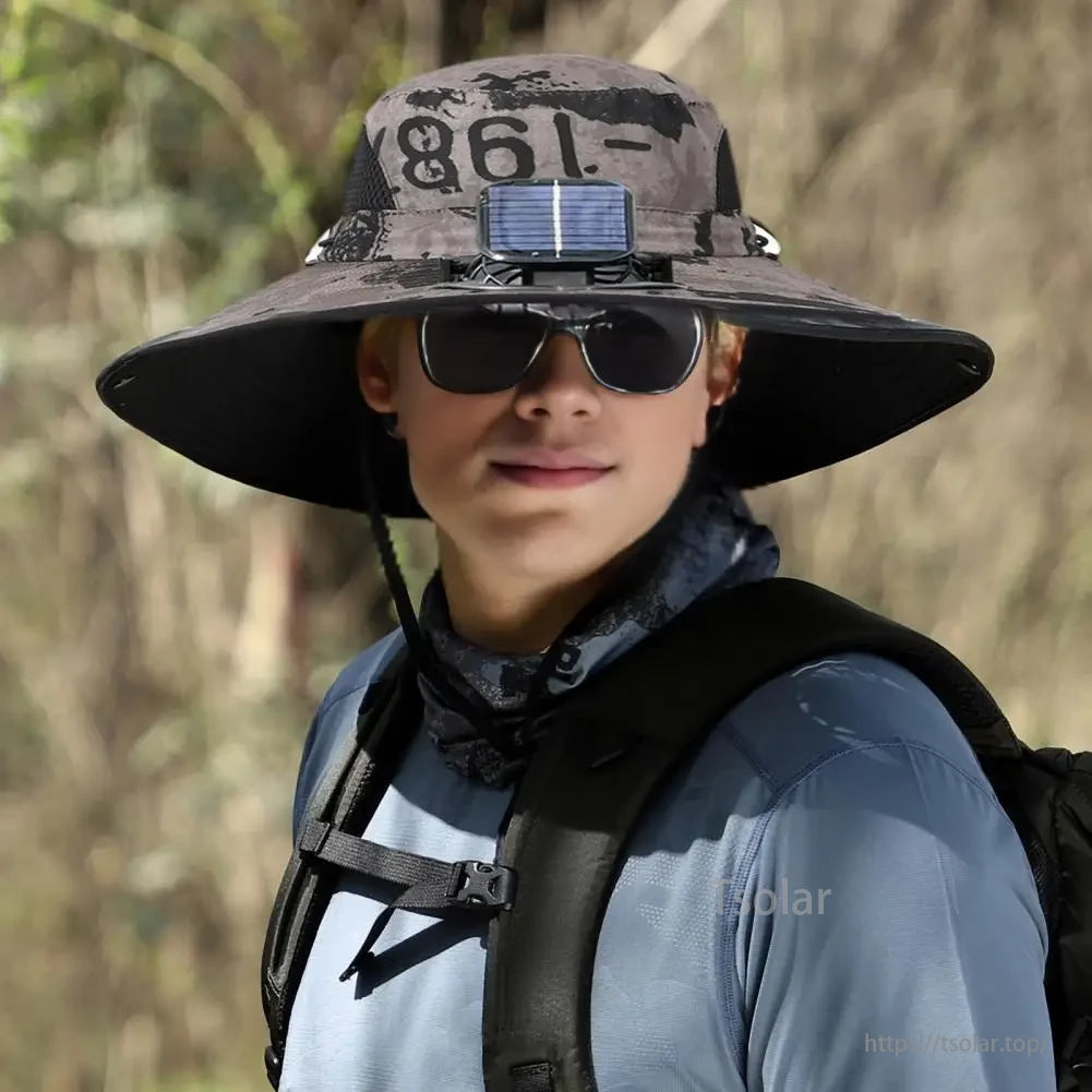 Unisex Solar Fan Sun Hat, This hat features dual side-mounted cooling fans, solar & USB charging, and a 12cm wide brim, making it suitable for various outdoor activities.