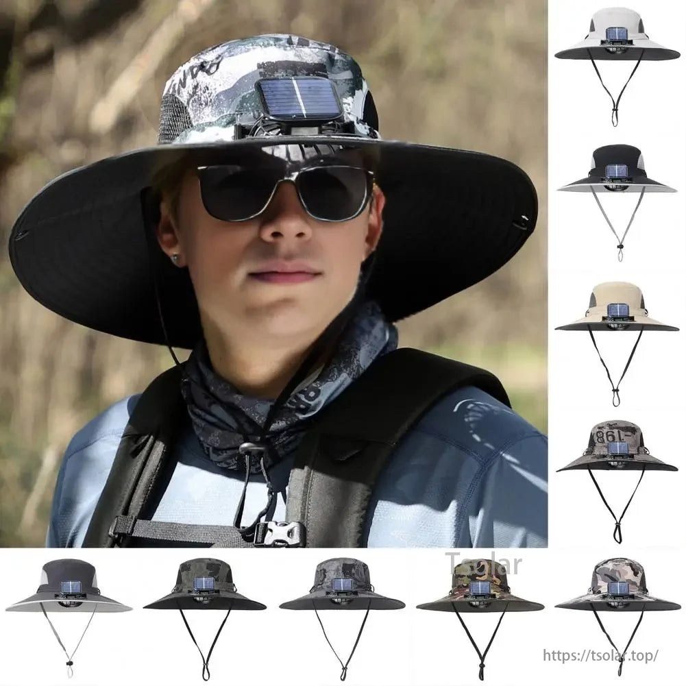 Unisex Solar Fan Sun Hat, Solar fan sun hat with coated canvas and breathable mesh, rechargeable battery, adjustable size, unisex, suitable for spring and summer.