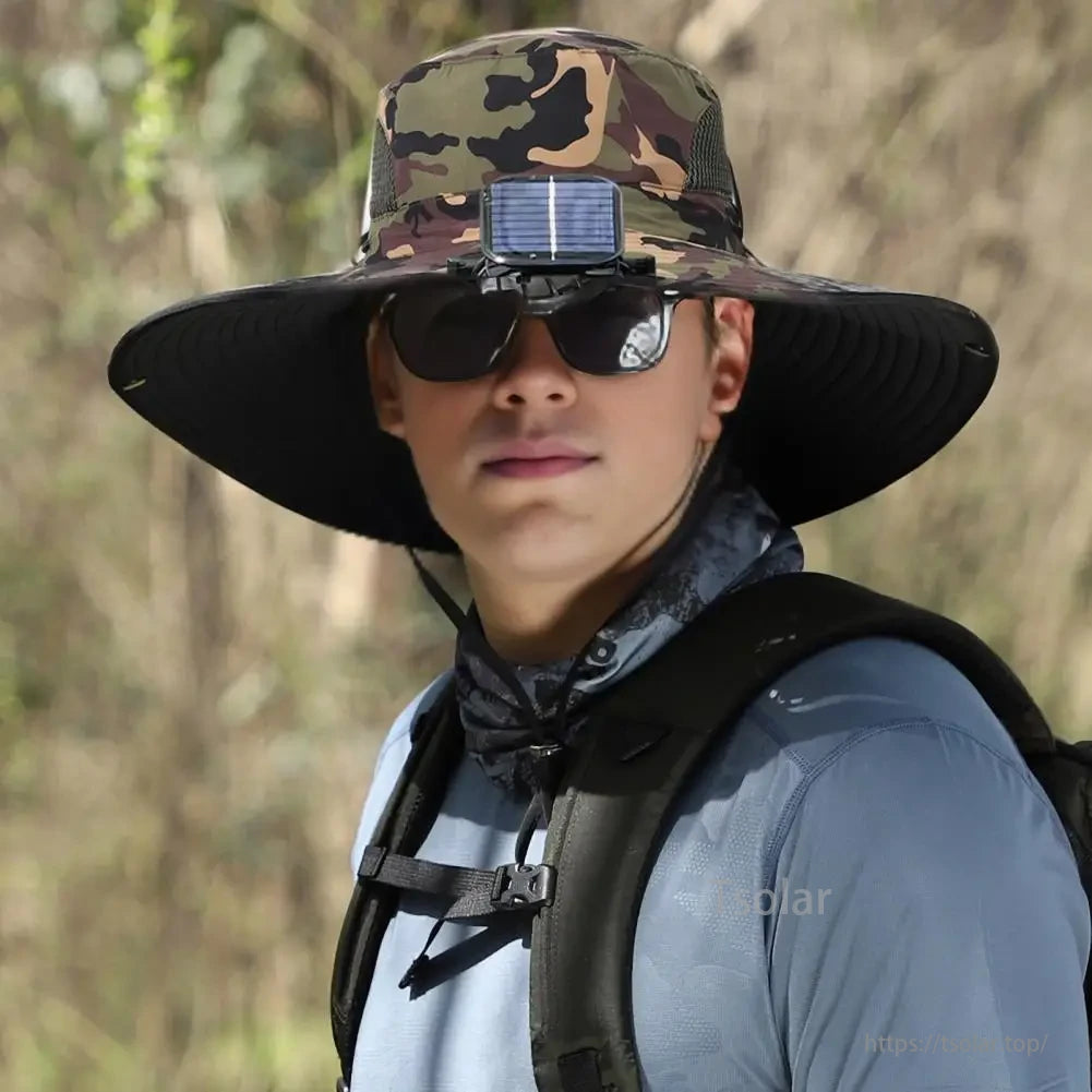 Unisex Solar Fan Sun Hat, Lightweight unisex fit designed for outdoor enthusiasts with adjustable head size and secure chin strap.