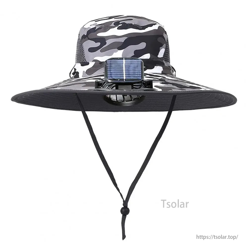 Unisex Solar Fan Sun Hat, Adjustable cooling system with three fan speed options: low, medium, and high.