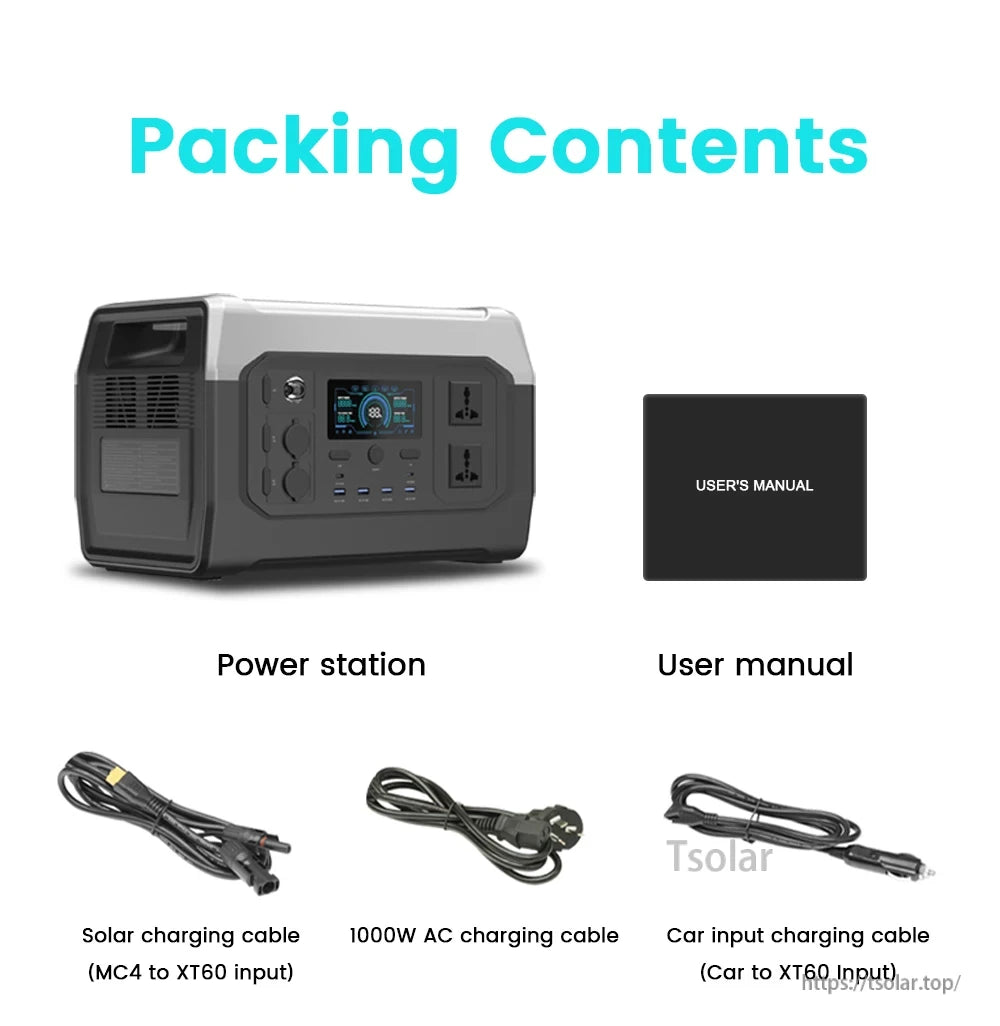 X-Power 1000 Portable Generator, Portable power station with solar, AC, car charging cables; includes user manual.
