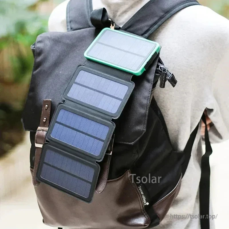 Xiaomi Solar Power Bank, The text describes 4 foldable SunPower solar panels, suitable for supplementary charging, requiring around 26 hours of strong sunlight for a full charge.